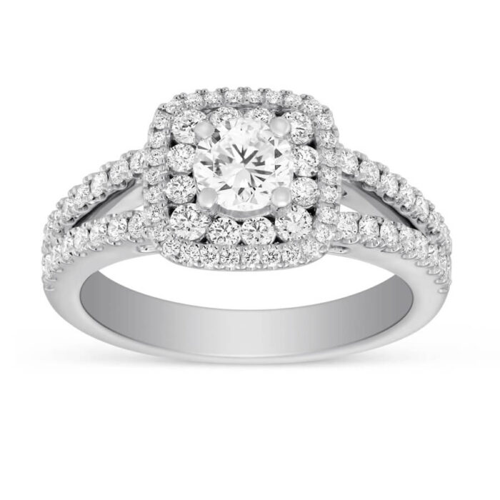 Double Halo Split Shank Engagement Ring in 14k White Gold - Image 2