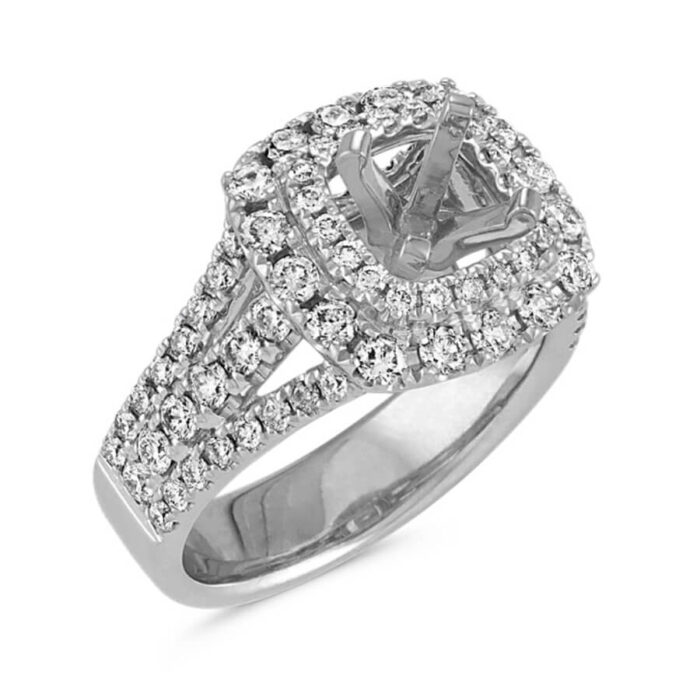 Double Halo Split Shank Engagement Ring in 14k White Gold - Image 2