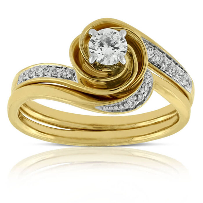 Swirl Round Natural Diamond Wedding Set in 14k Yellow Gold - Image 4