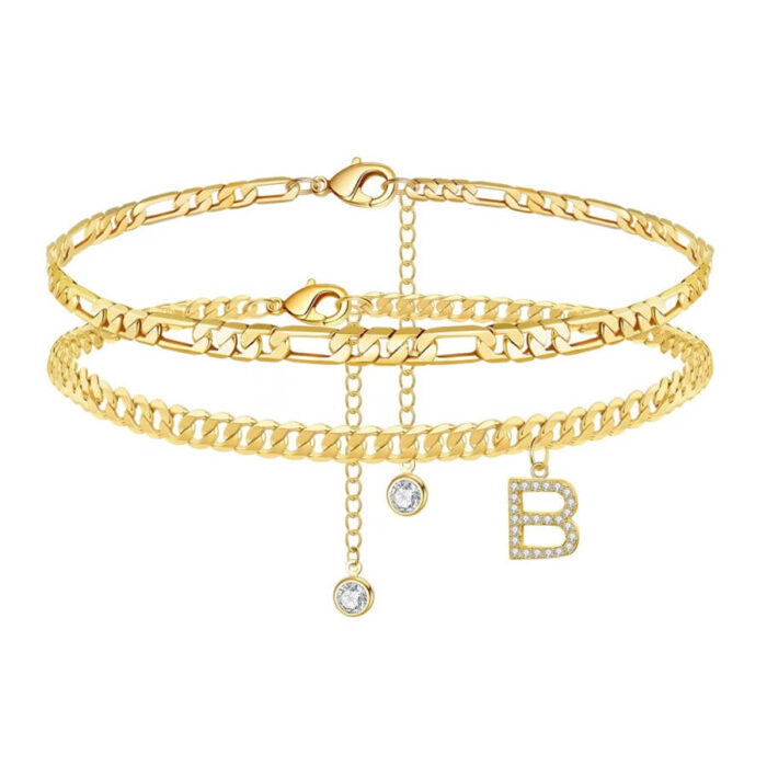 Iefshiny Initial Ankle Bracelets for Women, 14K Gold Plated Layered Initial Cubic Zirconia Ankle Bracelets Dainty Beach Letter Initial Anklet A-Z Gold - Image 2