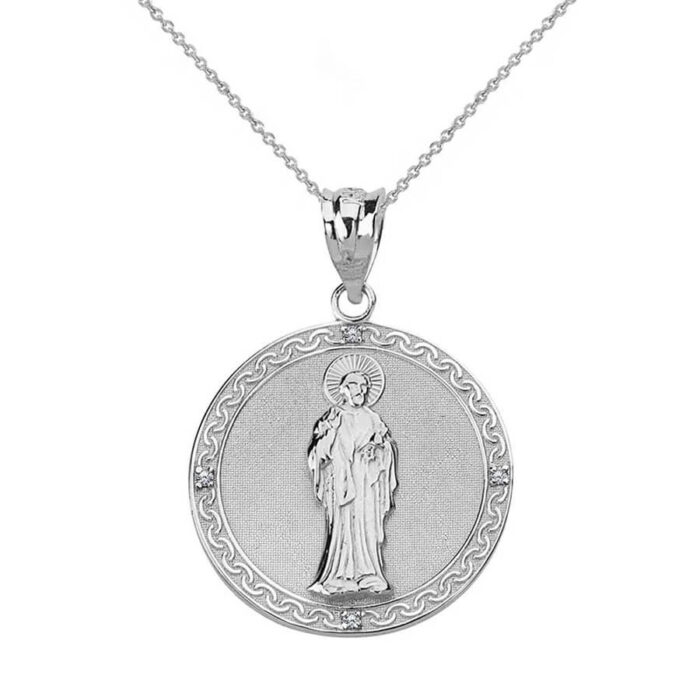 Sterling Silver CZ Saint Peter Engravable Circle Medallion Pendant Necklace - Image 2